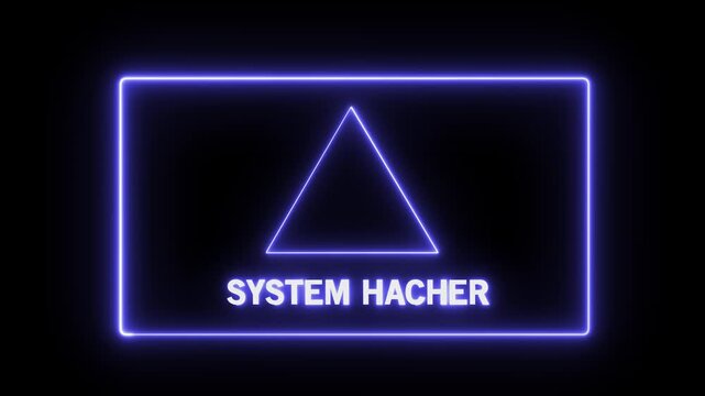 Cyber security alert warning sign featuring glowing neon purple text system hacker and exclamation point symbol in triangle frame for digital threat protection and online privacy breach concepts