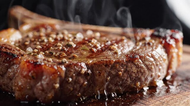 Juicy grilled steak with coarse salt and peppercorns, dripping with savory juices, perfect for culinary websites and restaurant menus