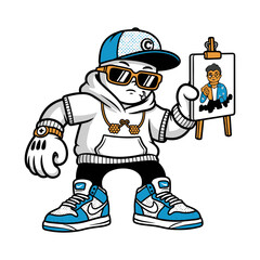 Naklejka premium Trendy Urban Artist Character Wearing Streetwear Hoodie and Cap Holding a Portrait Painting on an Easel Vector Illustration