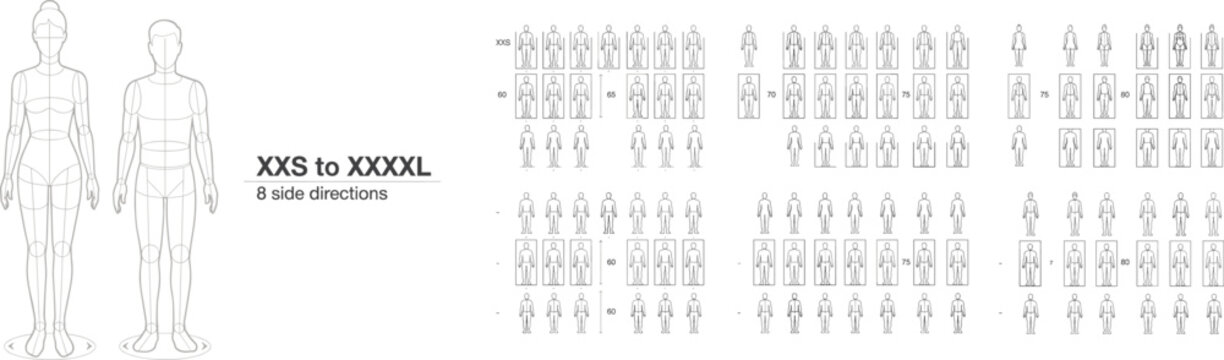 Fashion Mannequin and Body Size Chart XS to XL with Measurement Grid and Poses vector illustration