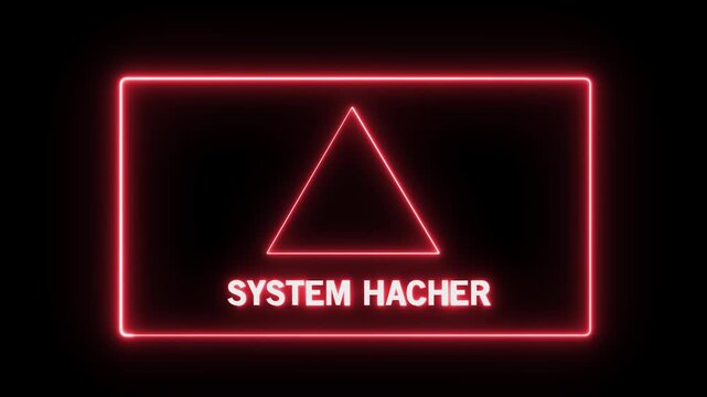 Intense cyber security warning alert featuring a glowing red neon system hacher text overlay with a pulsing triangular hazard on a dark background, for digital threat, detection and data, breach 