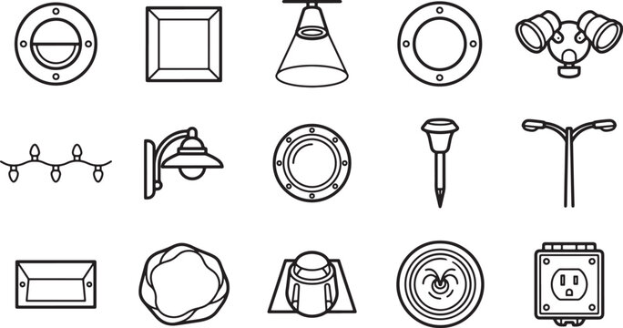 Outdoor lighting and electrical fixtures line art icon set for architectural design and home improvement projects