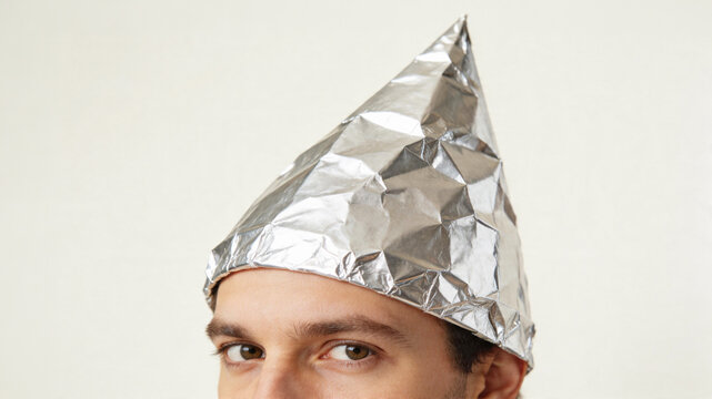 suspicious looking man wearing tinfoil hat believing conspiracy theory