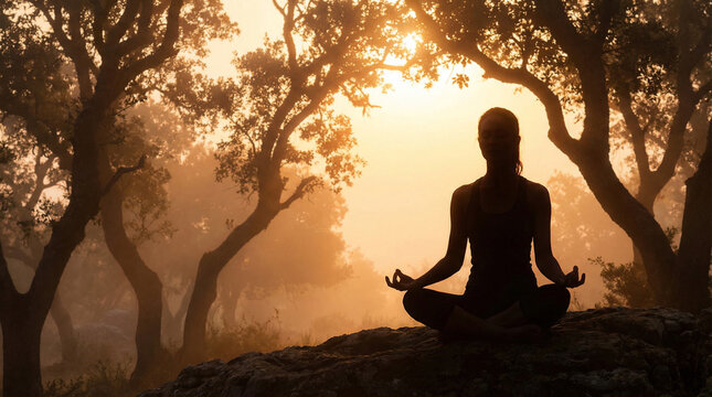 woman meditating in forest on misty morning finding inner peace grounding and slow living mindfulness