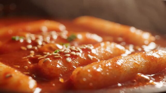 Spicy Korean tteokbokki close-up, rice cakes simmering in vibrant red gochujang sauce with sesame seeds and fresh green onions, steaming hot comfort food dish