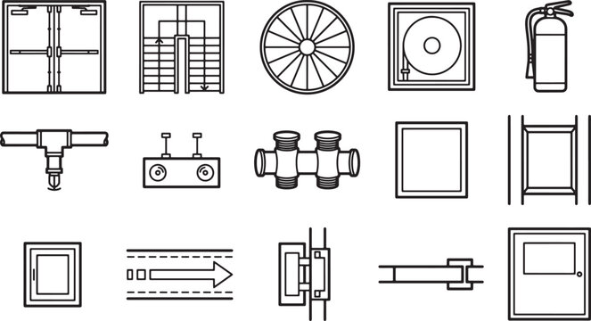 Set of building safety and architectural floor plan icons featuring fire protection equipment and emergency exit symbols