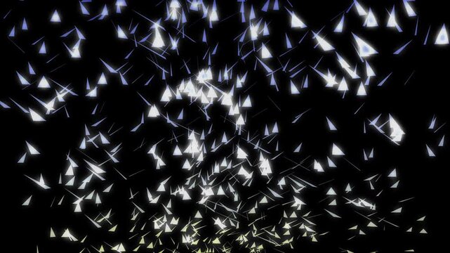 Creative design of floating triangular shards in dark space with digital light patterns, ideal for backgrounds, graphics, and abstract visual projects.