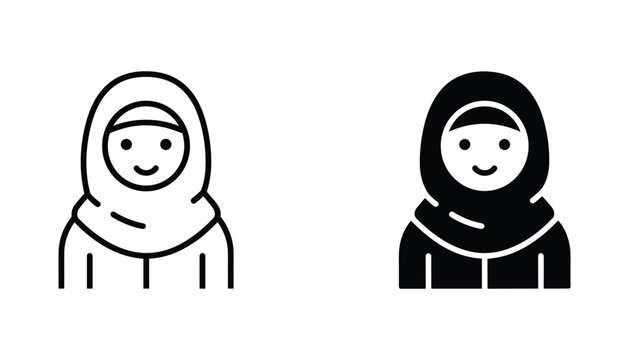 Woman wearing hijab vector icon isolated on white Black and white outline line art and solid glyph silhouette