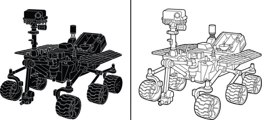 Mars Rover Vector Illustration in Two Styles, a Detailed Outline Version and a Simpler Silhouette Design. © Asker