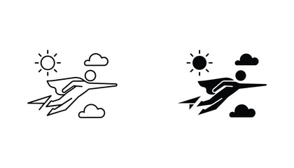 Flying superhero vector icon isolated on white Black and white outline line art and solid glyph silhouette © VisionGrafix