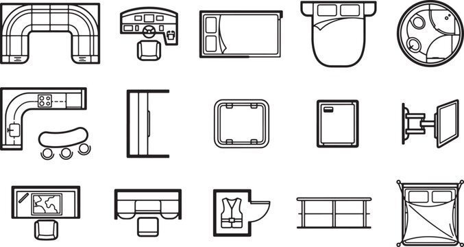 Set of interior furniture and architectural floor plan symbols for residential or commercial design projects vector illustration