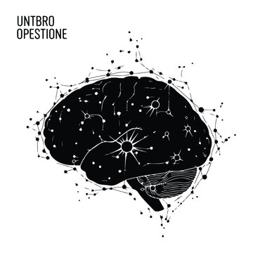 Black silhouette of a brain with white neurons and stars on a white background