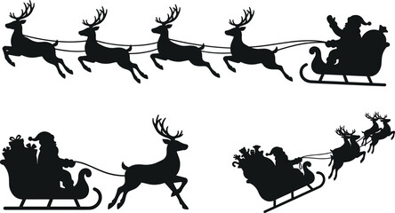 Christmas Santa Claus Sleigh and Flying Reindeer Silhouette Collection for Laser Cutting, Window Decals, Holiday Greetings, and Festive Silhouette Crafts © MstRozina