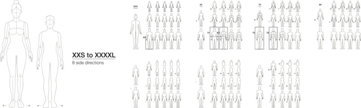Human body size chart with multiple figure templates and size indications Keywords: human body, size chart, template, figure, mannequin