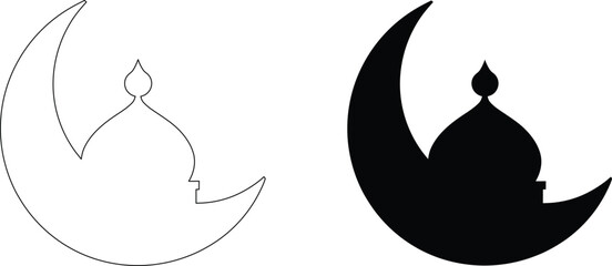 Crescent moon and mosque dome icon set featuring islamic cultural symbols isolated on clear transparent grid background. © Rupasi