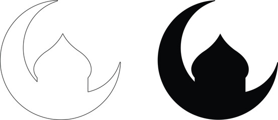 Crescent moon with mosque dome silhouette icons for ramadan kareem celebration and islamic cultural religious decoration. © Rupasi