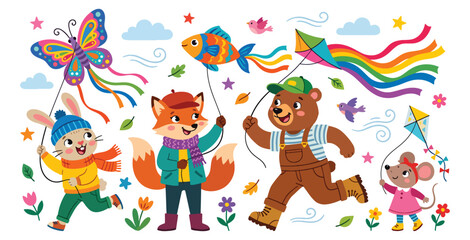 Fototapeta premium Happy animals flying kites in park landscape cute cartoon style for kids activity illustration set.