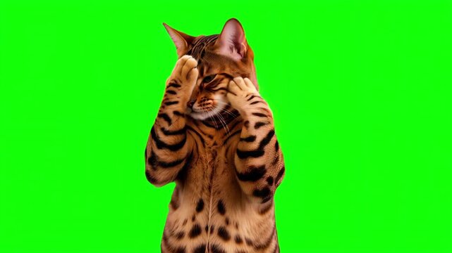 Realistic cat pointing right doing facepalm gesture, frustrated mistake presentation concept isolated on chroma key green screen background. 3D.