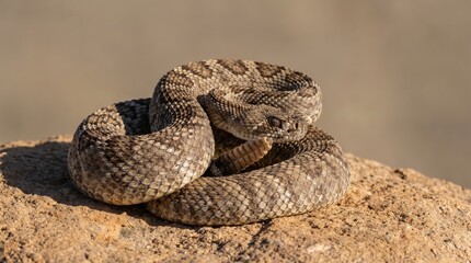Obraz premium Detailed portrait of a coiled western diamondback rattlesnake on a rock