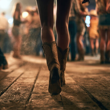 Woman in cowboy boots walking on wooden floor at country music festival or western bar with crowd in background at night