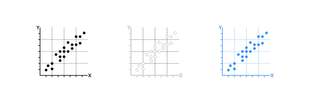 Scatter plot charts with data points and trend lines on coordinate grids isolated on transparent background, Vector