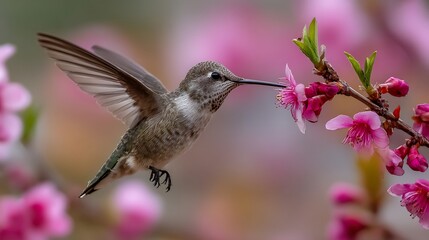 Fototapeta premium Small hummingbird flying and drinking nectar from pink flower blossoms on a spring tree branch in the garden