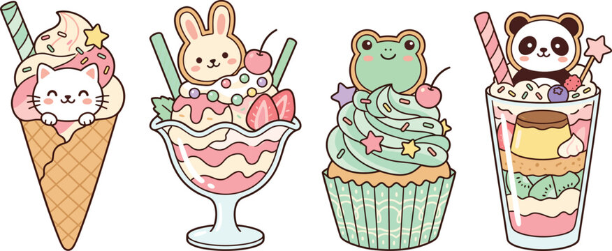 Cute Kawaii Animal Ice Cream Dessert Vector Set with Cat Rabbit Frog Panda Sundae Cupcake Illustration Clipart Collection