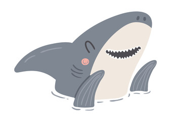 Naklejka premium Cute friendly shark head, fins illustration isolated. Kawaii cartoon character. Wild animal, marine, aquatic life, wildlife, fauna. Kids print, design element, clip art. Hand drawn flat vector