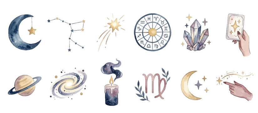 Mystical watercolor astrology celestial symbols set. Collection of Vector illustrations for invitation, card, poster, banner, decoration