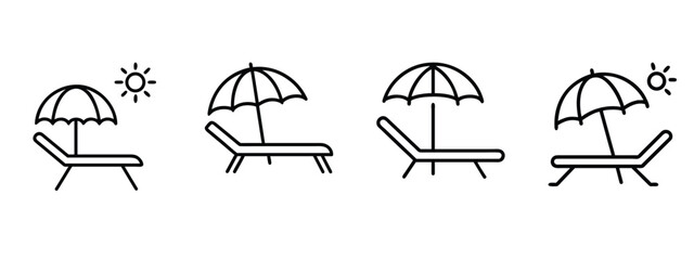 Beach chair line icons set with sun umbrella, summer relaxation lounger, tropical vacation furniture & more vector illustration with editable stroke © Purnorup Dream IT 