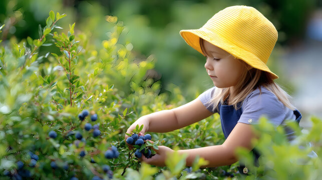 Little girl in a yellow hat picking fresh blueberries on a sunny day in the garden. Childhood, nature, and healthy lifestyle concept.