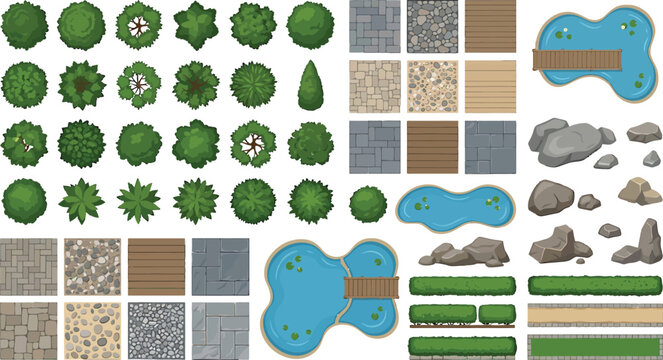 Top view landscape design elements set with trees bushes ponds stone paths and garden textures vector illustration