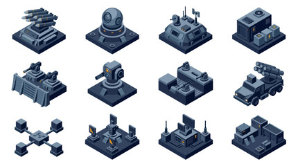 Collection of futuristic military structures and vehicles isometric view. © Ganti
