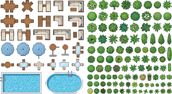 Top view landscape design elements with outdoor furniture swimming pools and various trees for architectural site plans