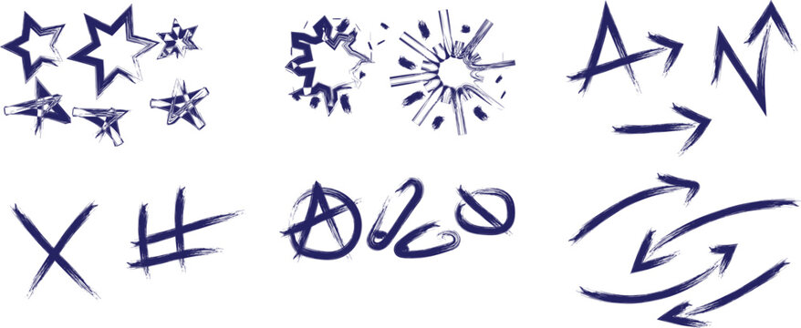 Collection of hand-drawn graphic elements featuring various stars, abstract bursts, arrows, an X mark, a hashtag, and abstract circular symbols in a sketchy, grunge style.