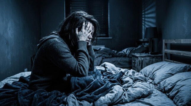 Woman Sitting In A Dark Bedroom With Her Head In Her Hands
