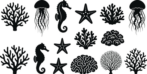 Oceanic icons, sea creatures, coral reef symbols, black silhouette set © Rifat