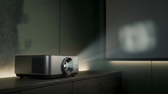 Elegant home cinema with a stylish dark gray projector on a sleek wooden cabinet.