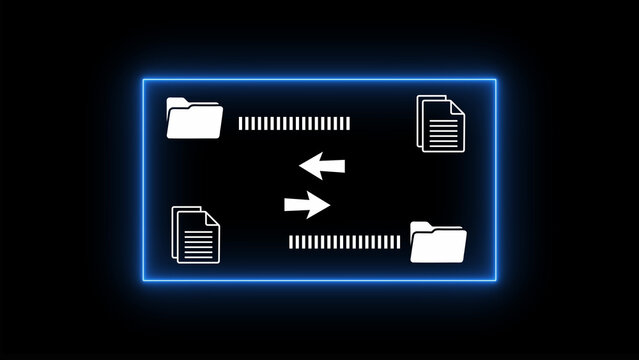 File transfer between folders on a computer screen with blue neon outline folder computer screen data exchange