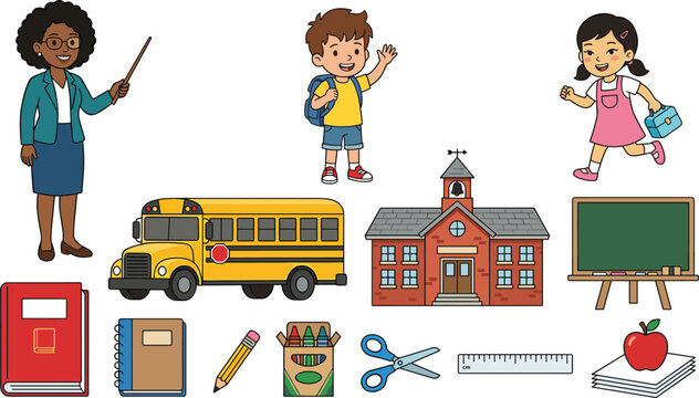 Back to School Vector Icon Set with Female Teacher Students Yellow Bus Schoolhouse Blackboard Books Crayons and Stationery for Educational Digital Media Designs