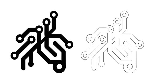 Circuit board glyph and line art icon set for technology and electronics industries