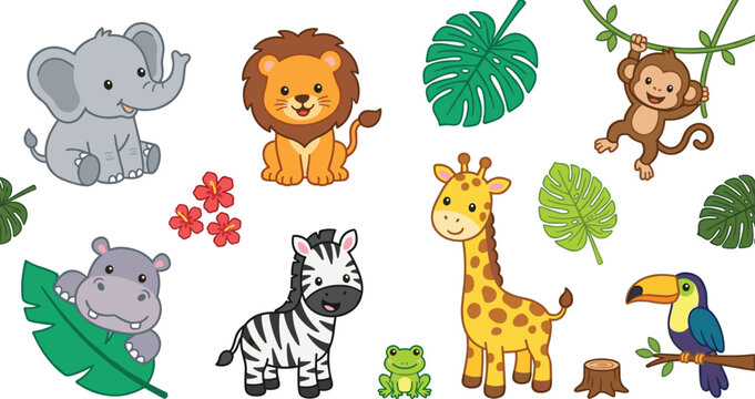 Cute Safari Jungle Animals Vector Icon Set with Elephant Lion Monkey Giraffe Hippo Zebra Toucan and Tropical Monstera Leaves for Kids Graphic Designs