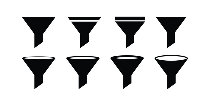 Funnel or filter Icon Set. Data Filtering Symbols, Sales Conversion Funnel, and Search Sorting Refinement Parameters