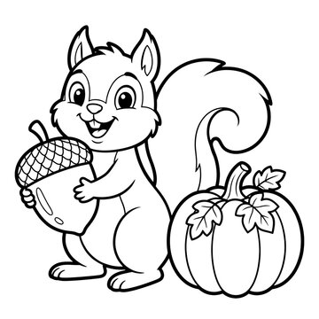 Smiling squirrel holding acorn next to pumpkin