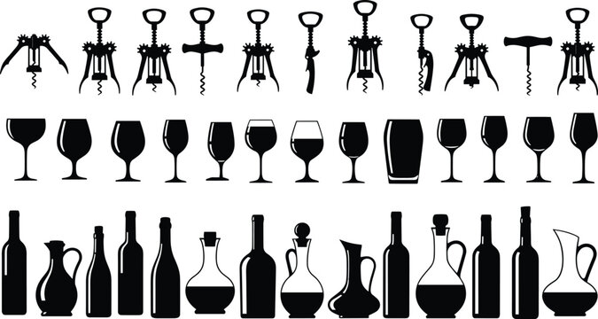 Large collection of wine bottle glass and corkscrew silhouettes vector set featuring alcohol drink containers and openers isolated on white background for bar menu design.