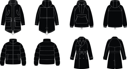 Set of black autumn and winter jackets technical sketches for fashion apparel design and manufacturing © Designer Arif