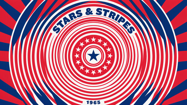 Bold retro op art design with vibrant red, white, and blue concentric patterns, featuring stars and a classic patriotic motif, evoking a vintage 1965 American spirit