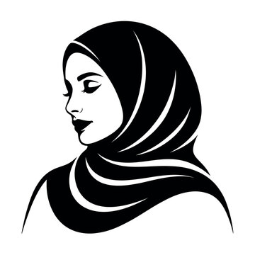 Woman wearing a hijab black silhouette illustration with flowing lines and a neutral expression muslim headscarf islamic fashion black and white monochrome