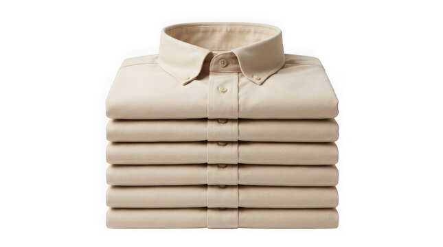 Stack of folded beige button-up shirts on a transparent background, perfect for apparel mockups.