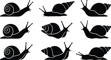 Black snail silhouettes, snail icons, vector snails, shell shapes © Rifat